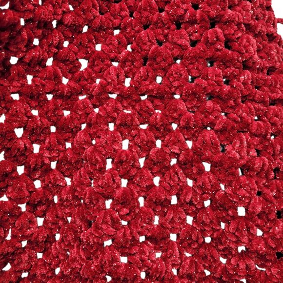 Handmade Red Velvety Smooth Sparkle Crochet Scarf Shawl with Fringe Open Weave - Picture 5 of 9